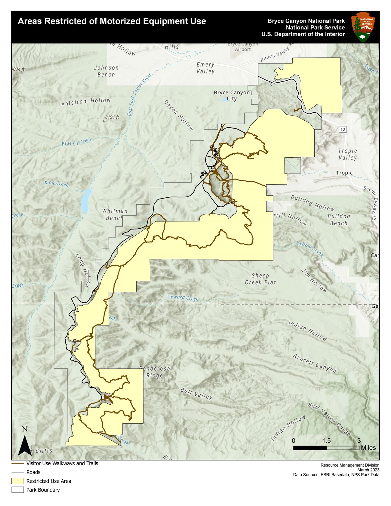 Map showing areas restricted of motorized equipment use. Areas marked in yellow are restricted use areas.