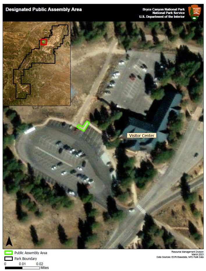 Satellite image of VC and Parking, green outline near bus parking outlines assembly area