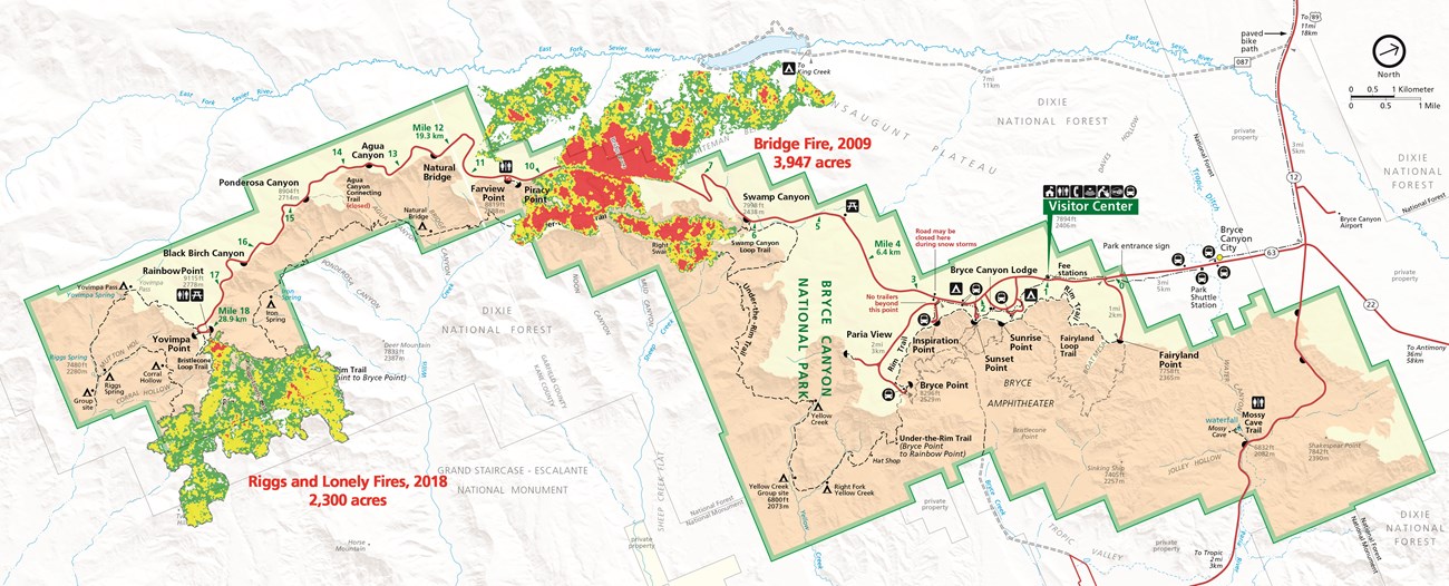 A map of Bryce Canyon showing location of Bridge fire near Whiteman Bench and Riggs and Lonely Fire near Rainbow Point.