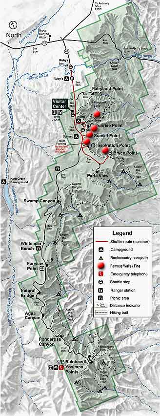 Park map with red dots indicating locations of prominent fins and slot canyons in Bryce Canyon