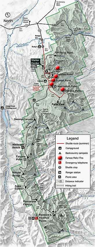 Park map with red dots indicating locations of prominent fins and slot canyons in Bryce Canyon