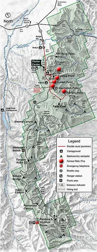 Park map with red dots indicating locations of prominent fins and slot canyons in Bryce Canyon