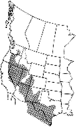 map depicting the habitat range of the Striped Whipsnake in North America