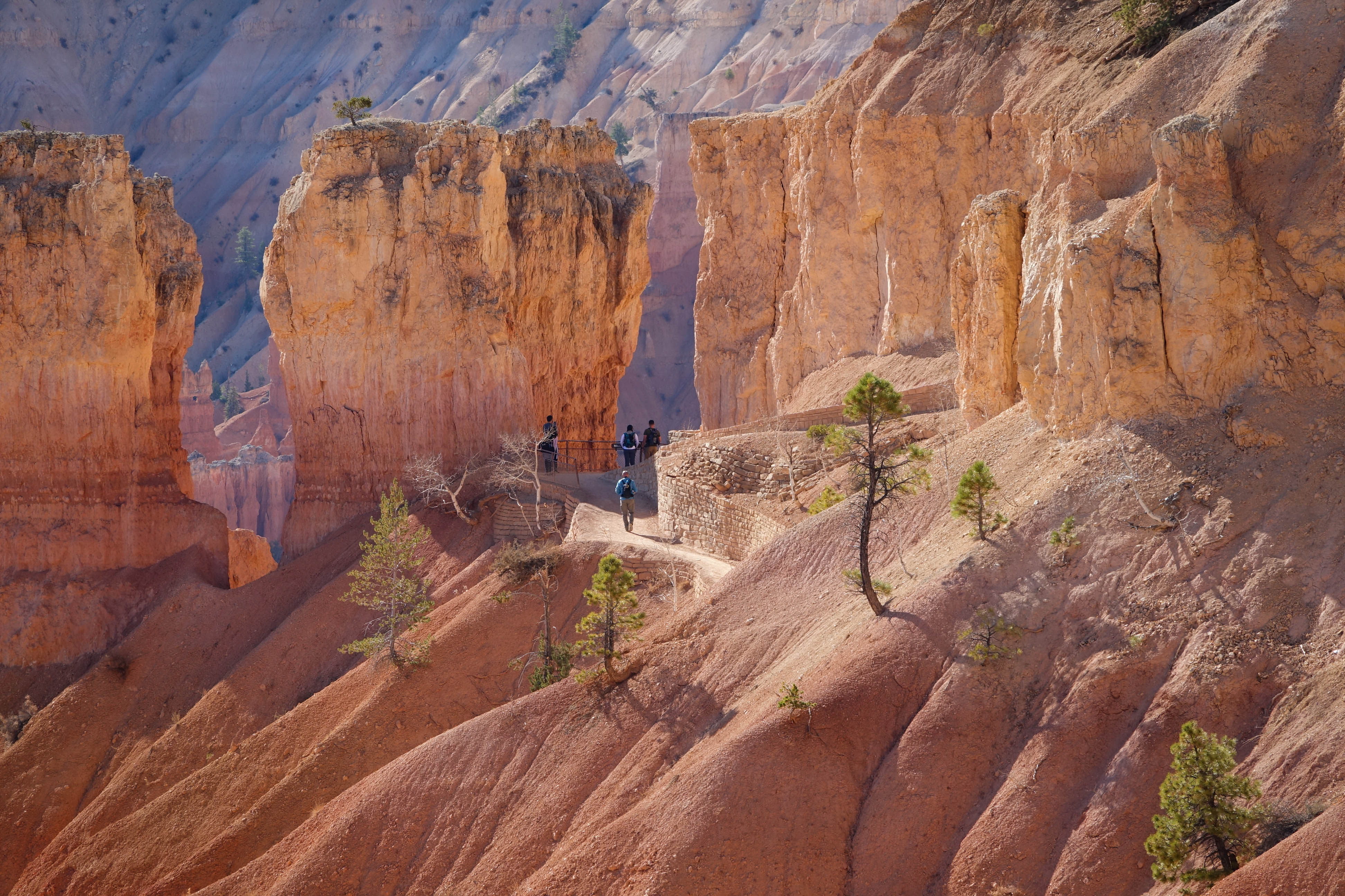 A red rock landscape of colorful limestone with a switchback trail and numerous people hiking along it.