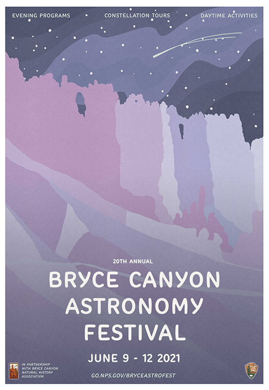 Poster for Bryce Canyon Astronomy Festival showing purple shaded cliffs and slopes beneath a night sky and a shooting star