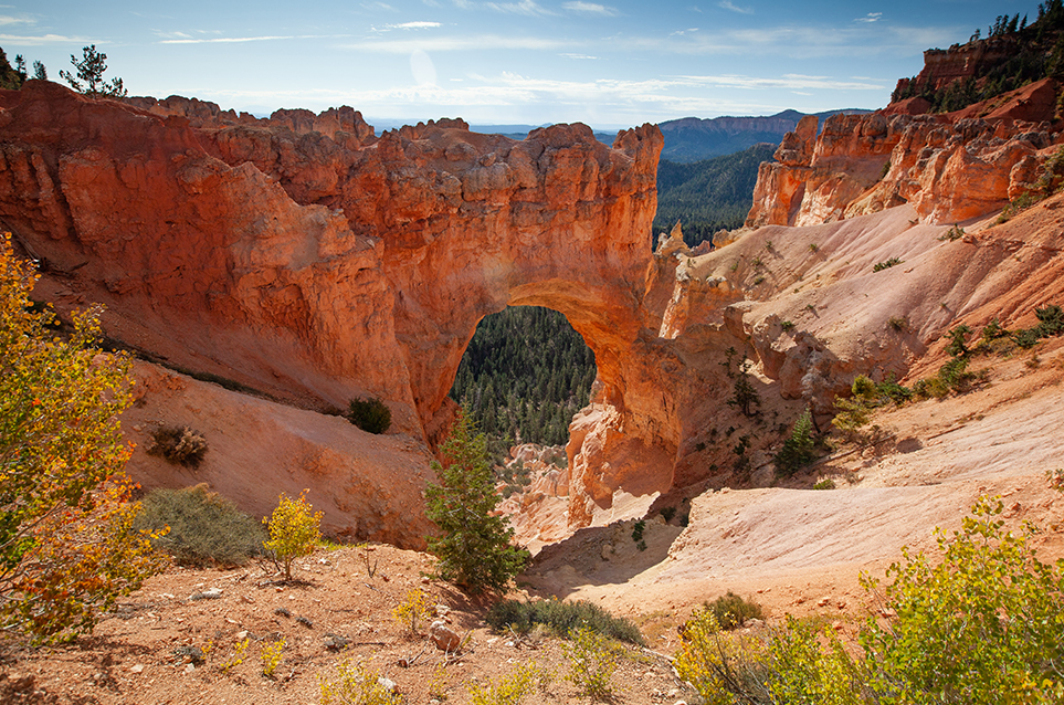 A large red rock arch stands at the bottom of a slope before a vast forested landscape