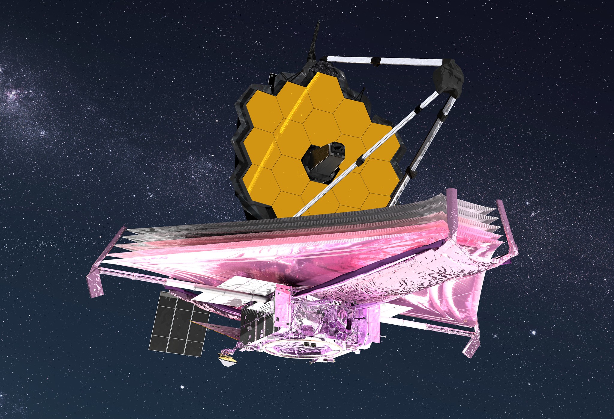 Artist's rendition of a space telescope with a yellow reflector and pink and white metallic triangular base