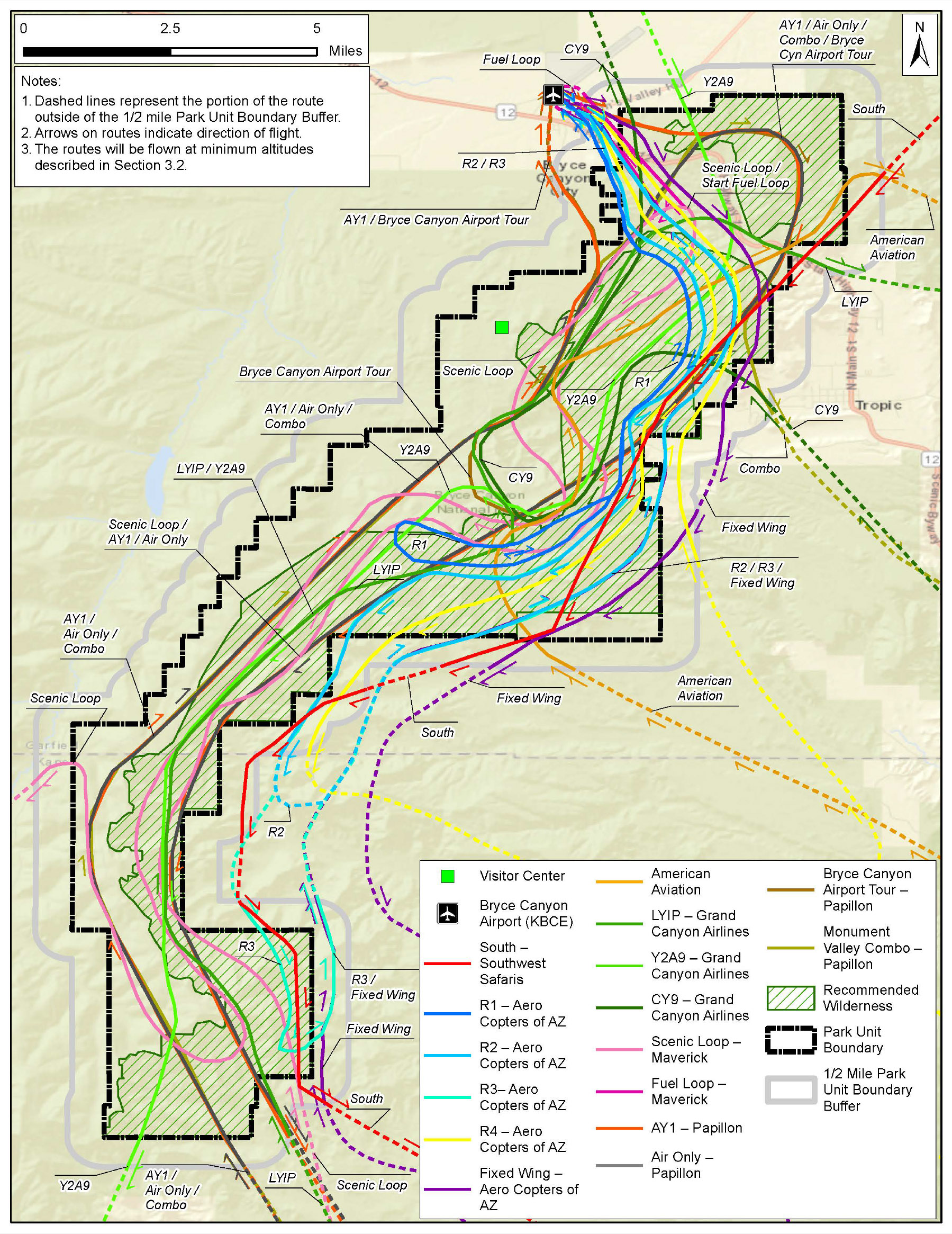 A Map of Bryce Canyon National Park showing flight paths for aircraft