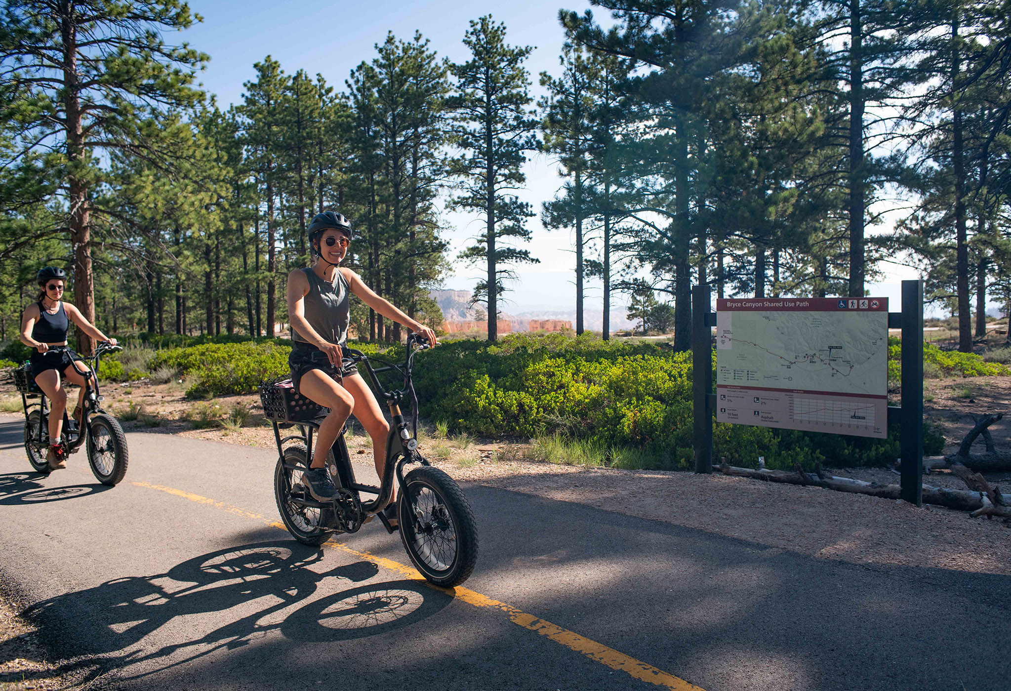 Two women on bicycles travel along bike path in forest.