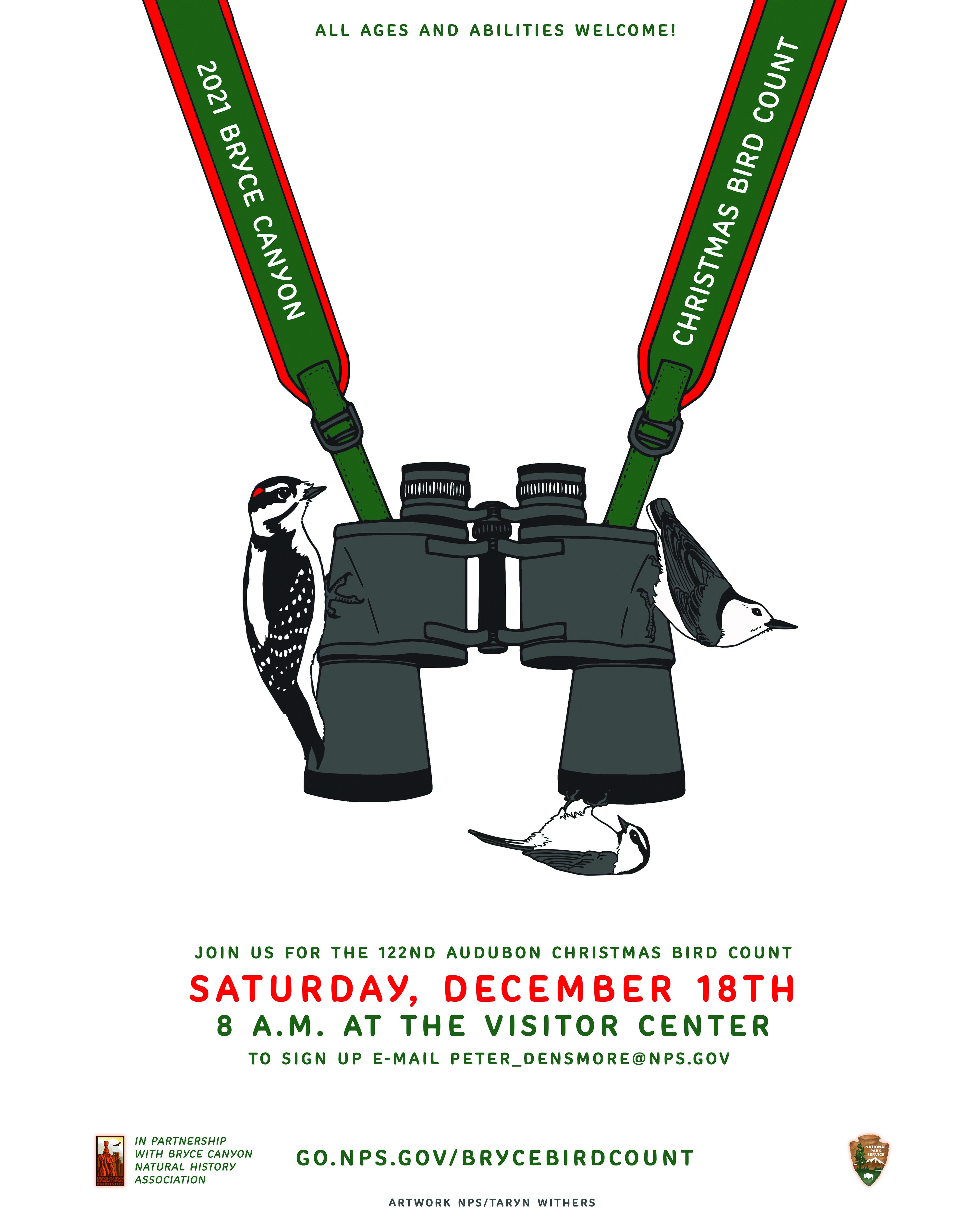 Poster showing three birds perched upon binoculars with straps that read 2021 Bryce Canyon Christmas Bird Count