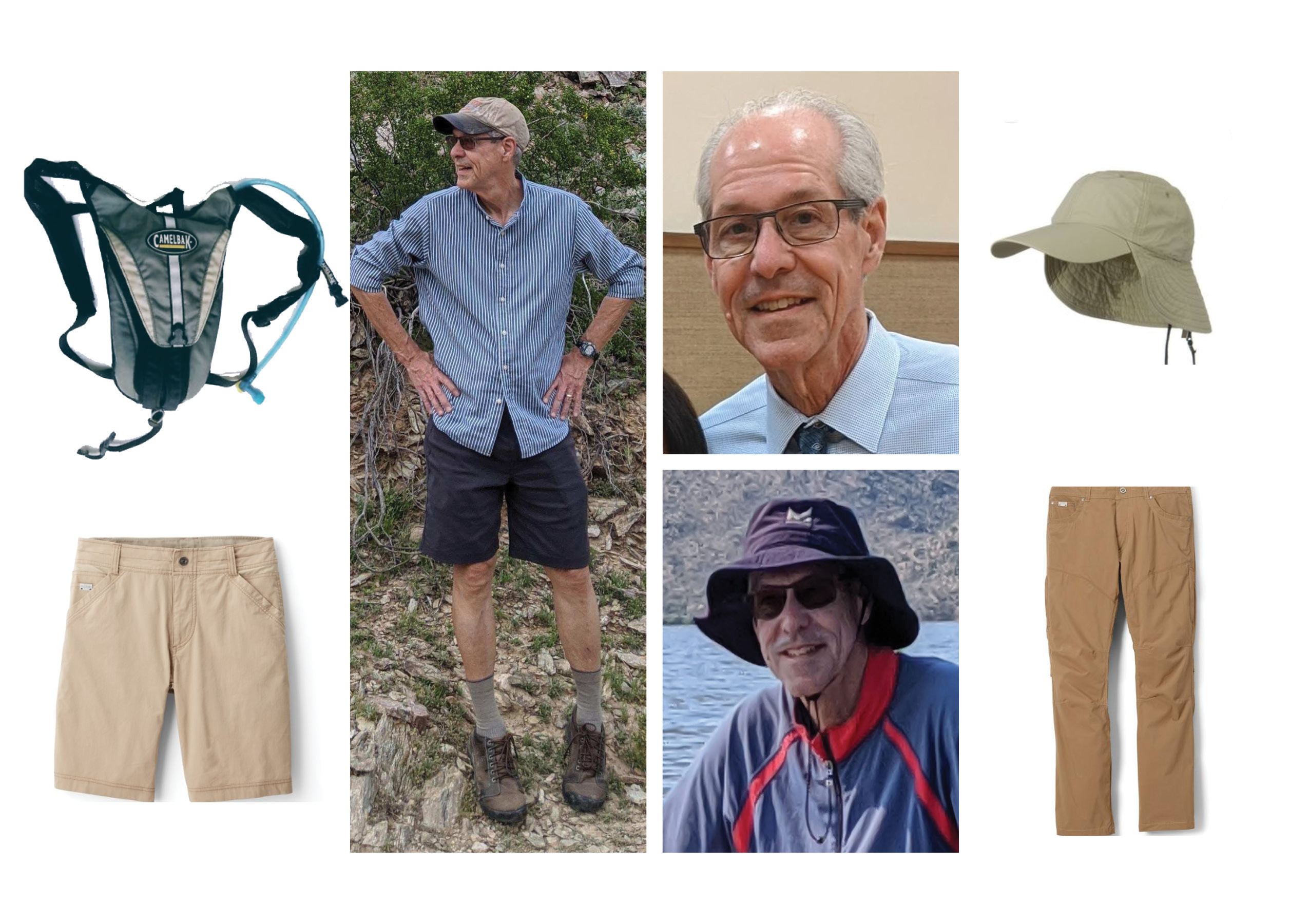 Missing Person Mark Langenbach Three photos of Mark Langenbach depicting him in various outfits. A hydration pack, khaki shorts, khaki pants, a tan hat are also pictured.