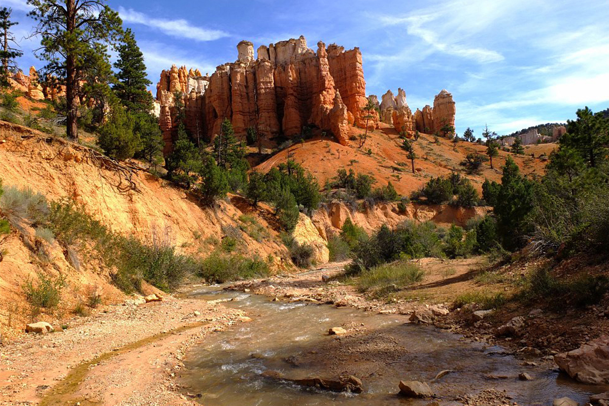 Mossy Cave NPS Photo Red rock spires above stream