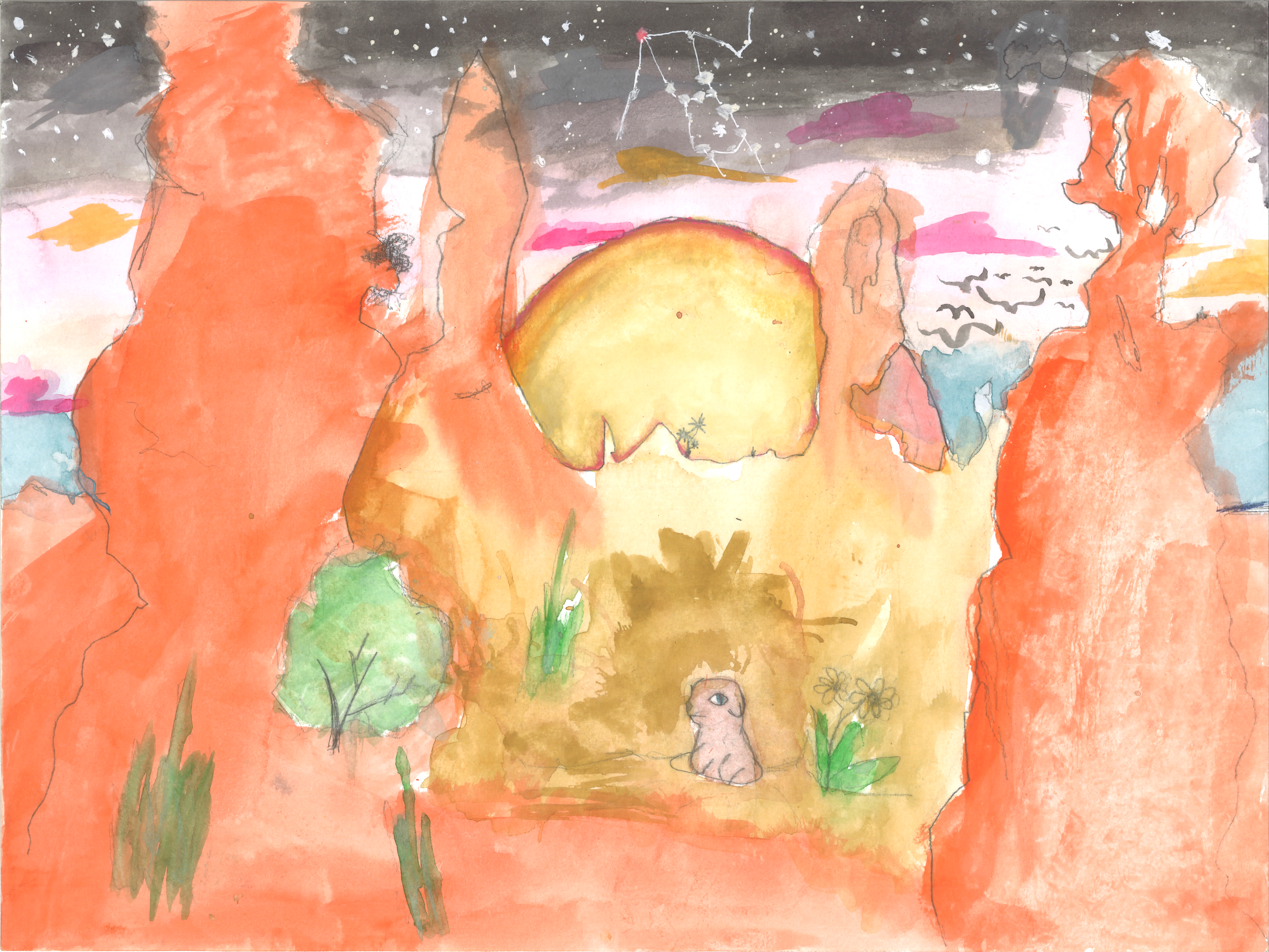 Jack Harlen K. Shakespeare Grand Prize A watercolor illustration of a red rock landscape with a small tawny mammal, the Utah Prairie Dog, emerging from a hole. Above are stars and birds.
