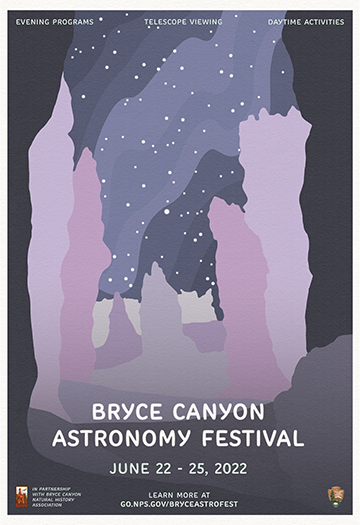 Poster for Bryce Canyon Astronomy Festival showing purple shaded cliffs and slopes beneath a night sky and a shooting star