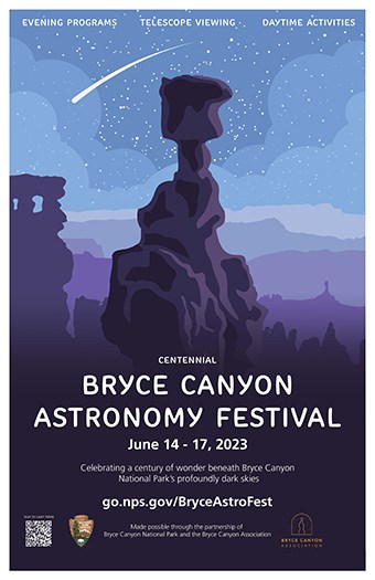 Poster for Bryce Canyon Astronomy Festival showing purple shaded cliffs and slopes beneath a night sky and a shooting star