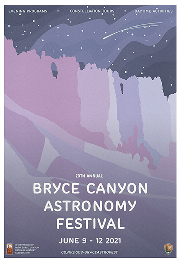 Poster for Bryce Canyon Astronomy Festival showing purple shaded cliffs and slopes beneath a night sky and a shooting star