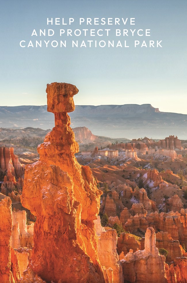 A tall orange rock spire against a blue sky, text aboe reds help preserve and protect bryce canyon national park
