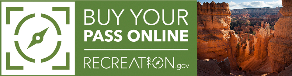 A banner image staying Buy Your Pass Online Recreation.gov and an image of a red rock landscape