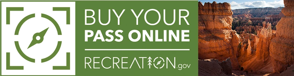 Fees Banner A banner image staying Buy Your Pass Online Recreation.gov and an image of a red rock landscape