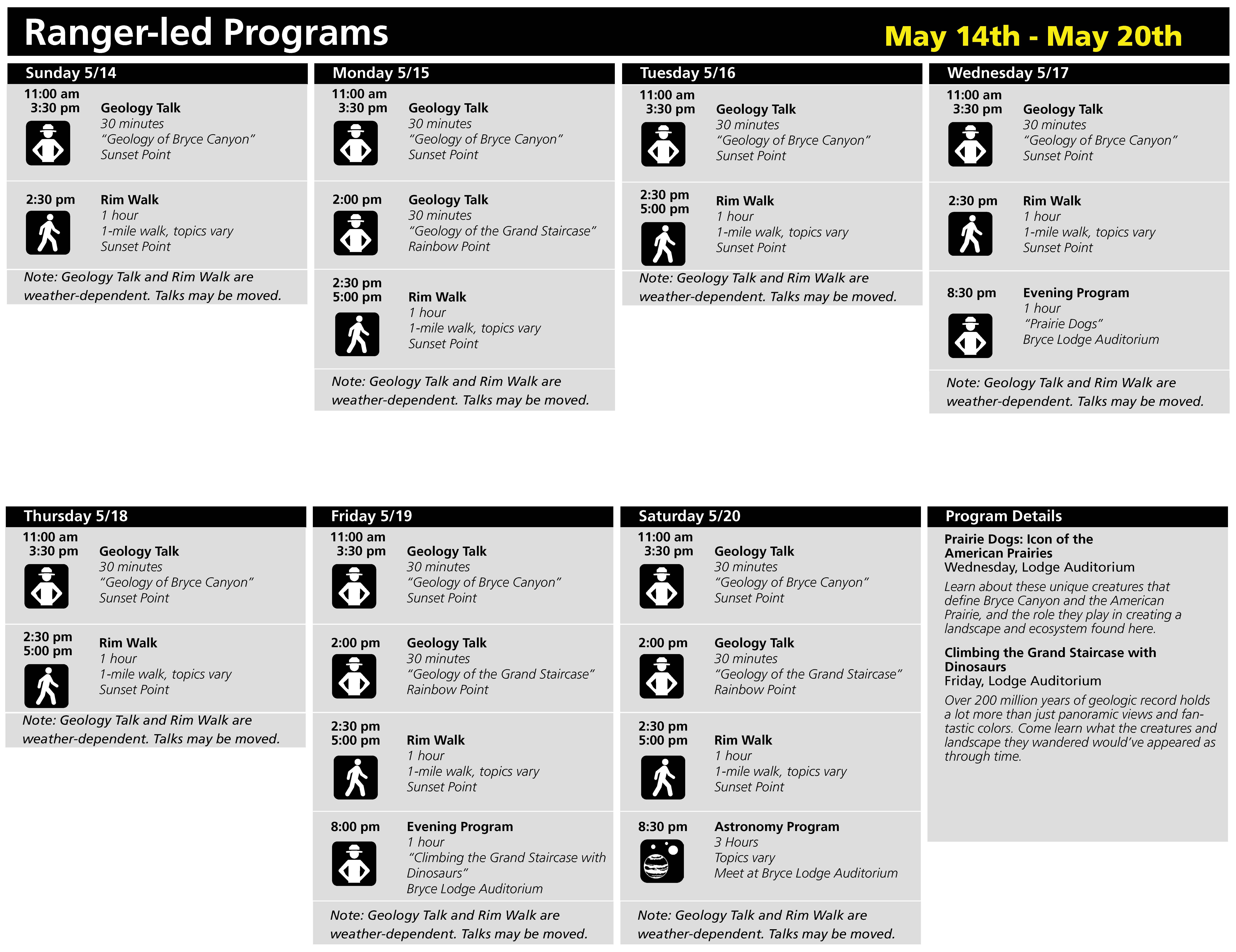 Ranger Program Schedule for upcoming weeks Ranger Program Schedule for upcoming weeks