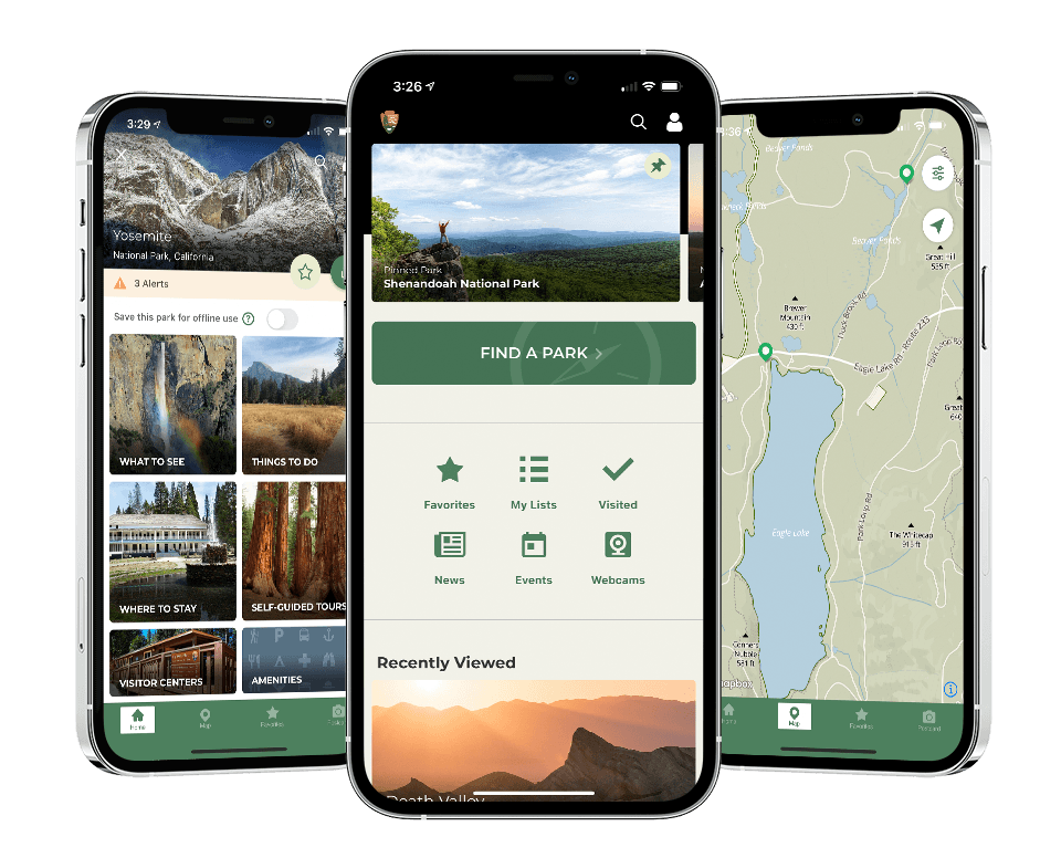 Cell phones showing national park information through the NPS App.