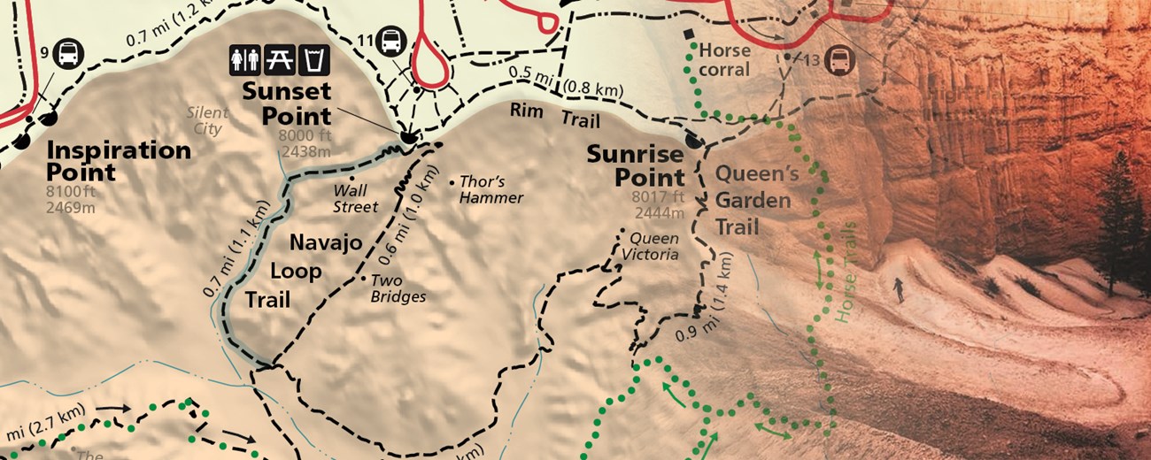 Map of Bryce Canyon showing the Navajo Loop trail fades into an image of a hiker on switchbacks