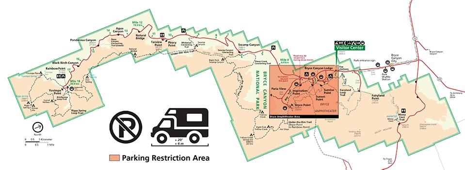Map of Bryce Canyon National Park showing a red no parking area and RV icon with No parking icon