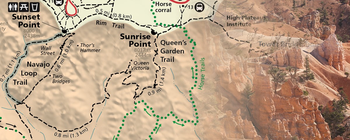 Map of Bryce Canyon showing the Navajo Loop and Queen's Garden trail fades into an image of a distant hikers in a redrock landscape of rock spires