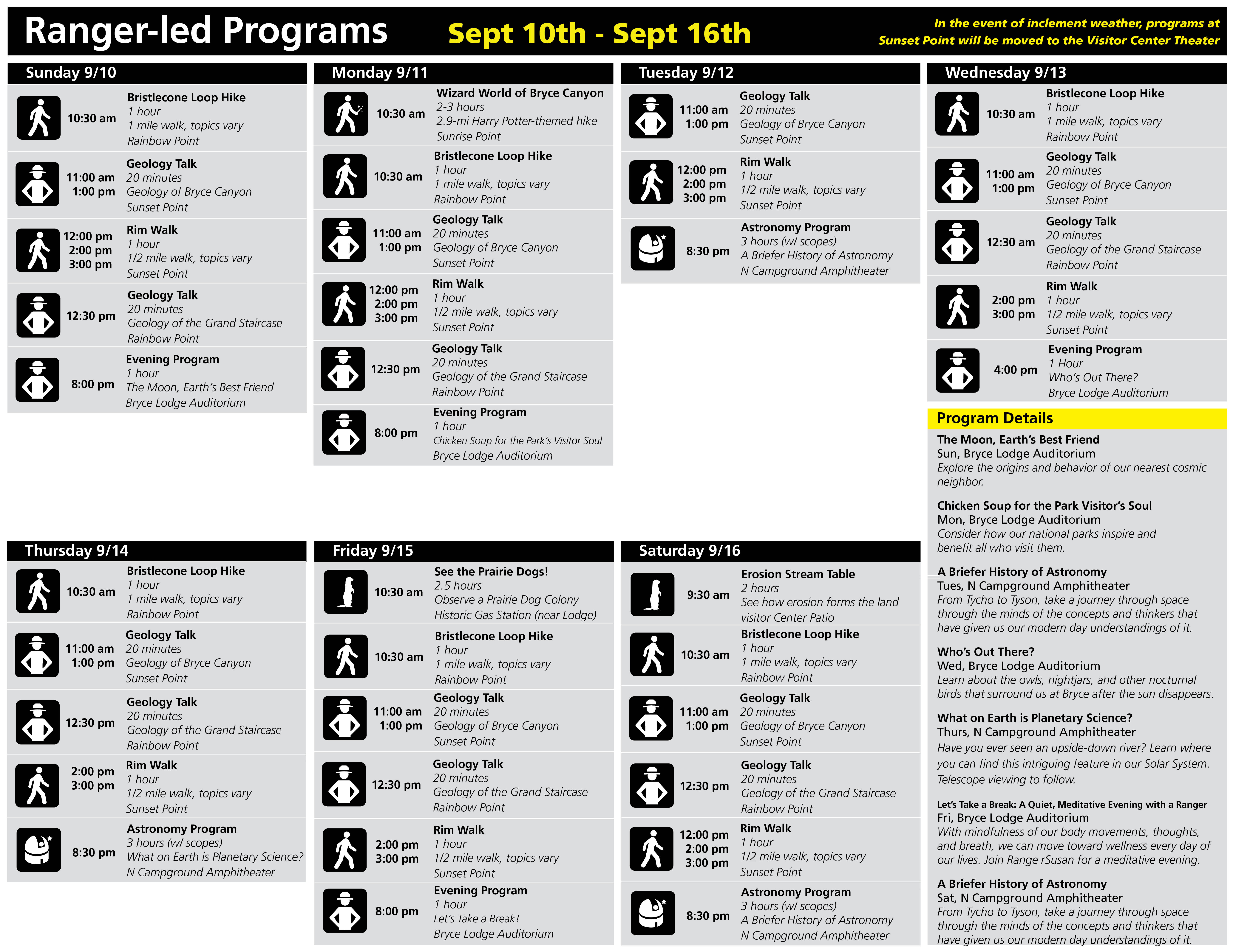 Ranger Program Schedule Sept 10 - Sept 16 Ranger Program Schedule Sept 10 - Sept 16