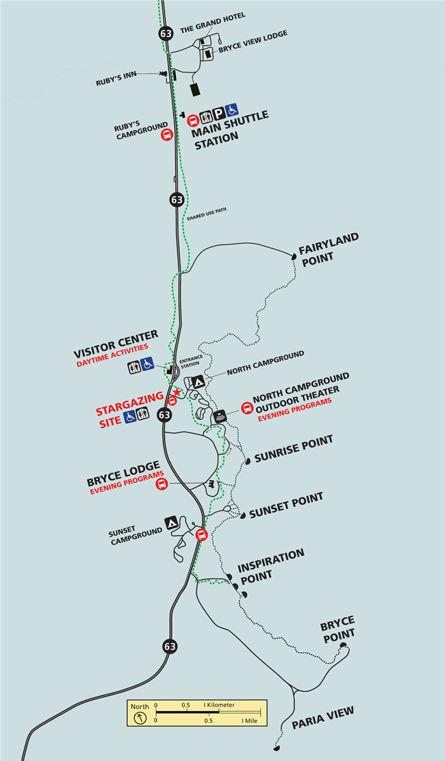 Road map with a light blue background, red circles define where the shuttle stops during event.