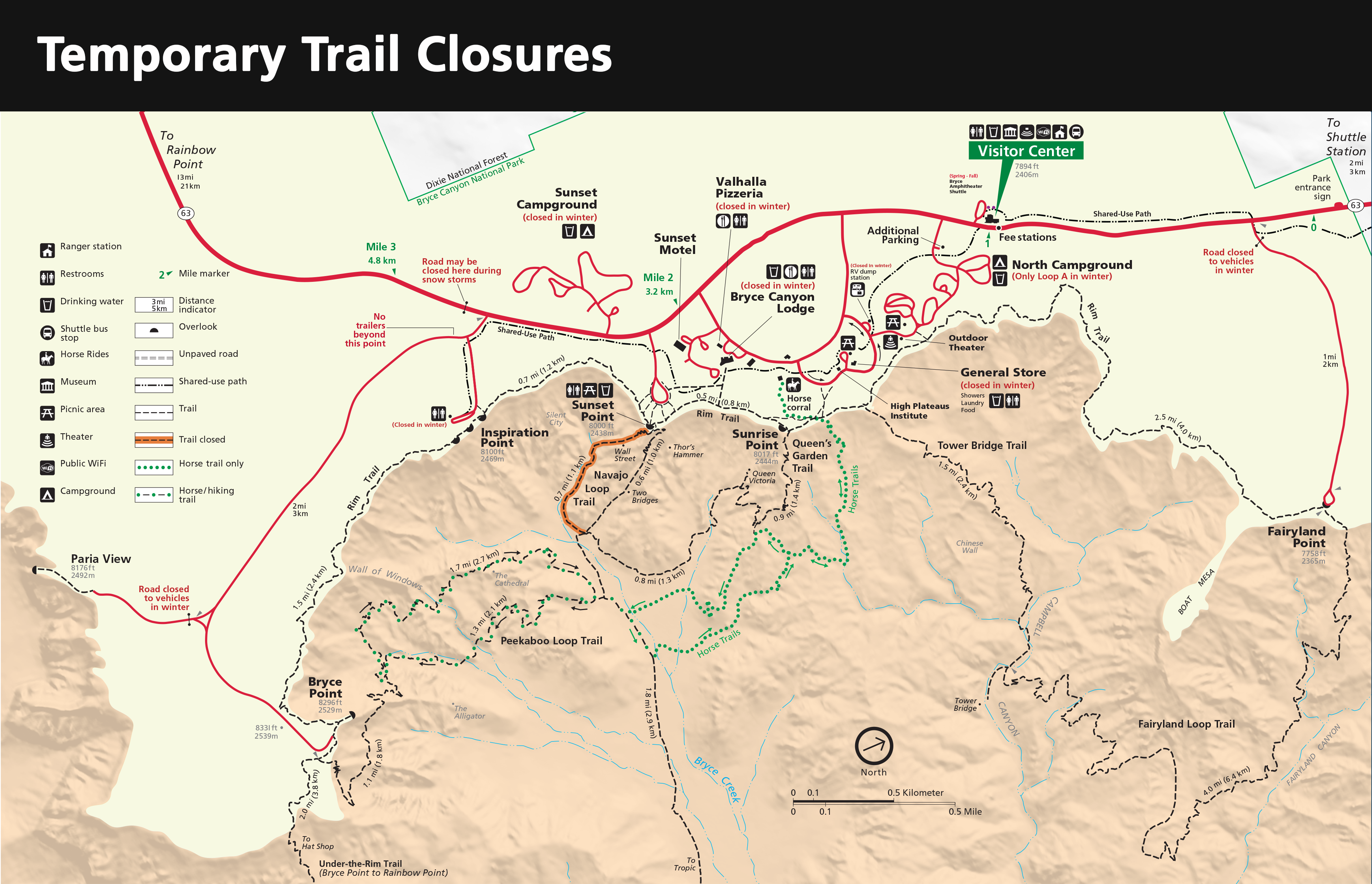 A map of Bryce Canyon's Bryce Amphitheater. Header reads “Temporary Trail closures”. The map shows the main road traveling right to left across the top of the map with various side roads leading to two campground, facilities, and viewpoints.