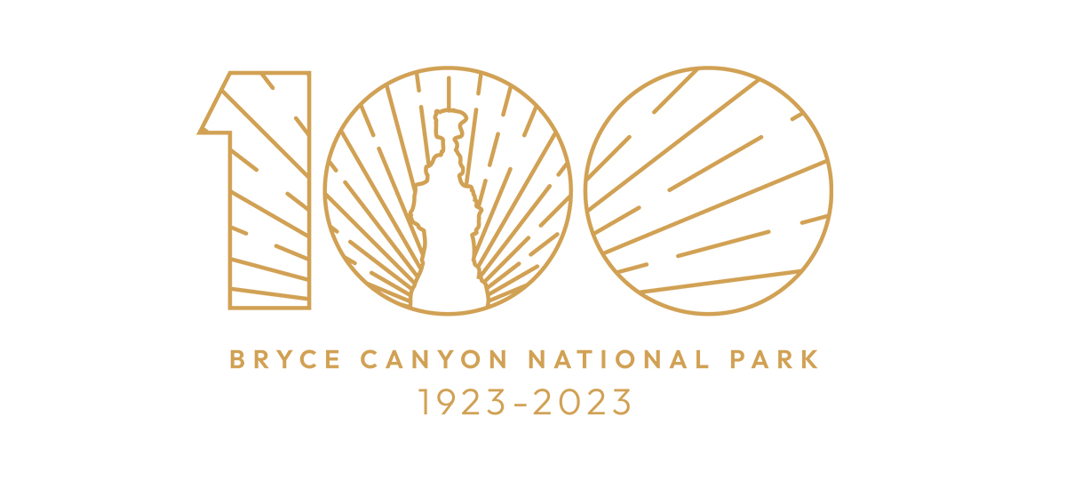 An illustration in gold on a white background with the outline of the number 100 filled in with the outline of Thor's Hammer and sunrays.