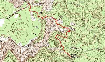 Topographical image of the Hat Shop Trail (marked in red)