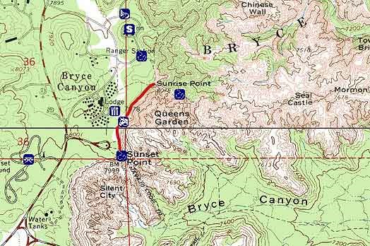 Topographical image of the Rim Trail between Sunrise and Sunset points