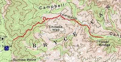 Topographical image of the Tower Bridge Trail (marked in red)