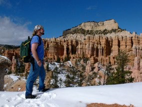 backpacker in winter scene