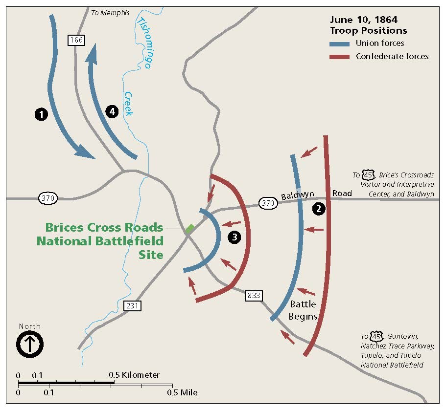 Map of basic troops movements at the Battle of Brices Cross Roads