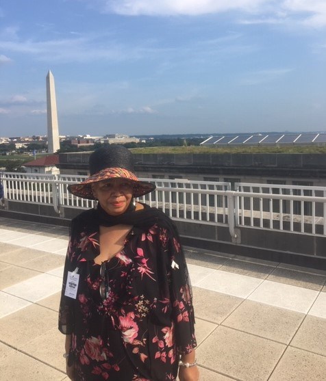 Mrs. Marty Patterson received the 2018 Hartzog Volunteer Award at the Main Interior Building of the National Park Service in Washington DC on August 22, 2019. The Washington Monument is shown in the backgroud.