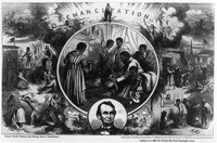 Celebration of the emancipation of southern slaves with the end of the Civil War. Wood engraving printed on woven paper by artist Thomas Nast and engravers King and Baird.