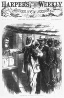 "The First Vote" by A.R. Waud. Print shows African American men, in dress indicative of their professions, in a queue waiting their turn to vote.