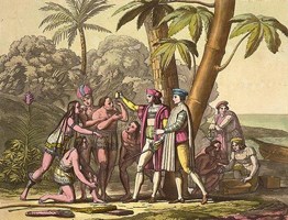 Hand-colored lithograph. Christopher Columbus and others showing objects to Native American men and women on shore.  Library of Congress