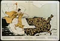 "The Awakening," illustration shows a torch-bearing female labeled "Votes for Women", symbolizing the awakening of the nation's women to the desire for suffrage, photmechanical print by Henry Mayer, 1915.