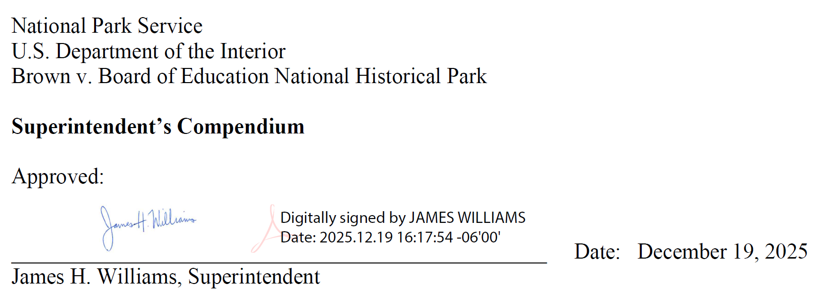 Compendium header with the signature of Superintendent James Williams