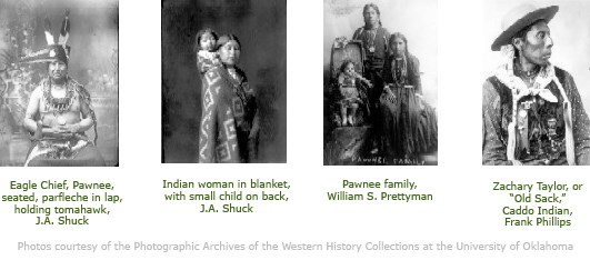 Four images of American Indians: Pawnee Eagle Chief sitting down, holding a tomahawk; Indian woman in a blanket with a small child on her back; Pawnee family of man, woman, and child; and Zachary Taylor, a Caddo Indian
