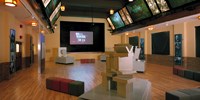 Image of the auditorium showing screens hanging from the ceiling and cube seats and icons related to the movie on the floor.