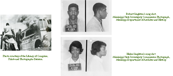 freedom-collage.jpg Three images from the freedom Rides: a greyhound bus with smoke coming out of the door, and mug shots of Helen Singleton and Robert Singleton.