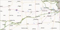 Birds eye view map showing northeastern Kansas with interstates 70 and 35 highlighted in forest green.