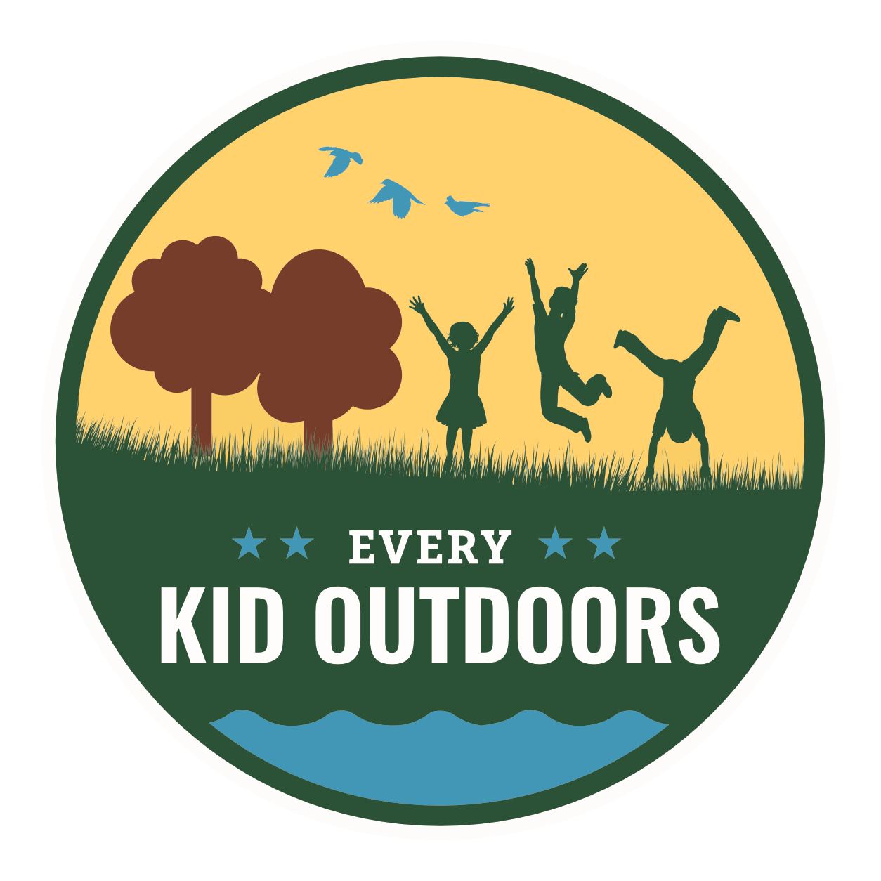 Graphic sillhouette of children playing in a park above the words "Every Kid Outdoors"