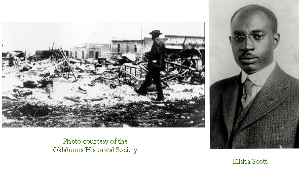 tulsa-collage.jpg Image of Tulsa with a man walking through destroyed buildings, and Elisha Scott.