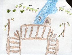 color drawing of observation platform, river and forest color drawing of observation platform, river and forest